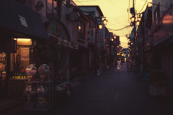 улица, Япония, вечер, уличный фонарь, городской, огни, HD обои