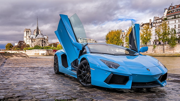سيارة رياضية زرقاء ، لامبورغيني ، أفينتادور ، زرقاء ، باريس، خلفية HD