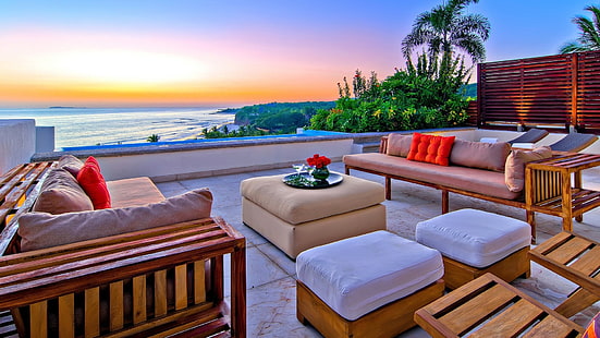 set di divani in tessuto marrone, spiaggia, relax, Sfondo HD HD wallpaper