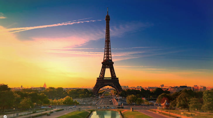 landskap, stad, Frankrike, Paris, soluppgång, solnedgång, orange himmel, Eiffeltornet, HD tapet