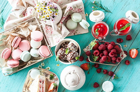 berries, raspberry, chocolate, chamomile, cookies, ice cream, cake, dessert, jam, sweet, macaron, HD wallpaper HD wallpaper