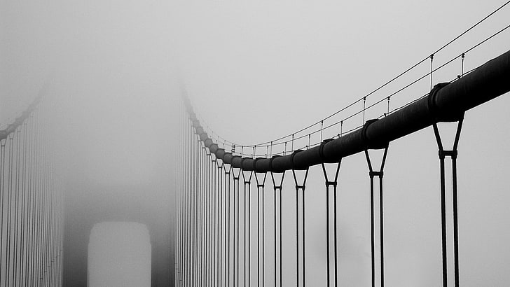 黒い吊り橋、橋、霧、ゴールデンゲートブリッジ、モノクロ、 HDデスクトップの壁紙