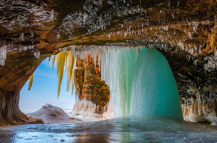 ice, the sky, rocks, icicle, the grotto, HD wallpaper