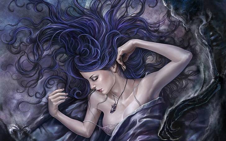 紫髪の描画HD、紫髪の女性イラスト、ファンタジー、描画、紫、髪、 HDデスクトップの壁紙