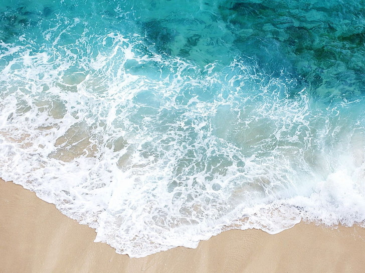 Etendue d'eau, mousse, vague, côte, mer, sable, bleu, Fond d'écran HD