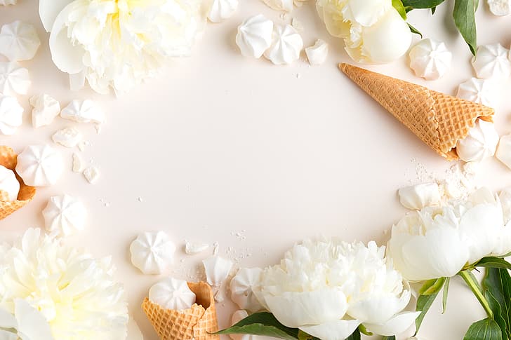 flowers, ice cream, white, horn, beautiful, peonies, marshmallows, HD wallpaper