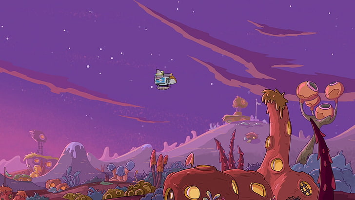 foto animada de montanha vermelha, marrom e roxa, Rick e Morty, Adult Swim, desenhos animados, HD papel de parede