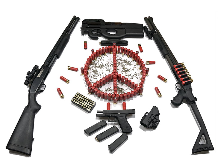 gun, FN P90, Mossberg 500, Glock, peace sign, ammunition, Glock 22, shotgun, HD wallpaper