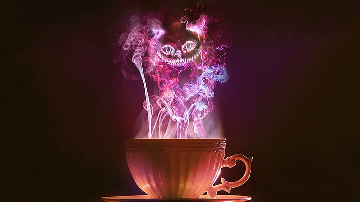 taza de cerámica blanca, té, taza, Alicia en el país de las maravillas, gato de Cheshire, humo, Fondo de pantalla HD
