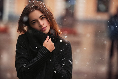 Lidia Savoderova, kobiety, modelka, brunetka, śnieg, płaszcze, brązowe oczy, Stas Pushkarev, Russian Model, czarny płaszcz, Tapety HD HD wallpaper