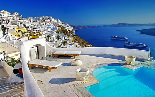 Statek wycieczkowy, Grecja, dom, wyspa Mykonos, rzeka, Santorini, Tapety HD HD wallpaper
