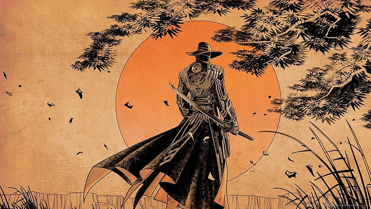 Mann hält Katana Illustration, Samurai, Cowboys, Krieger, Kunstwerk, HD-Hintergrundbild