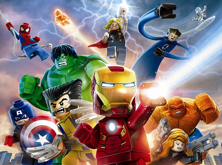 Lego Marvel Avengers wallpaper, LEGO, Marvel Super Heroes, The Avengers, Iron Man, Hulk, Captain America, Fantastic Four, Black Widow, Thor, Spider-Man, Wolverine, Marvel Heroes, Marvel Comics, video games, HD wallpaper
