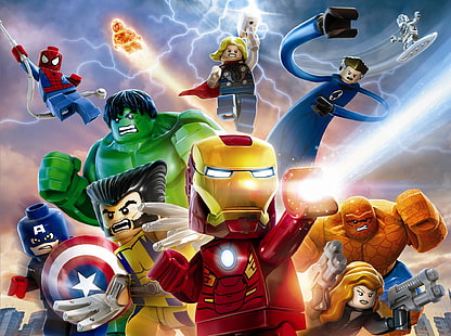 Lego Marvel Avengers wallpaper, LEGO, Marvel Super Heroes, The Avengers, Iron Man, Hulk, Captain America, Fantastic Four, Black Widow, Thor, Spider-Man, Wolverine, Marvel Heroes, Marvel Comics, video games, HD wallpaper HD wallpaper
