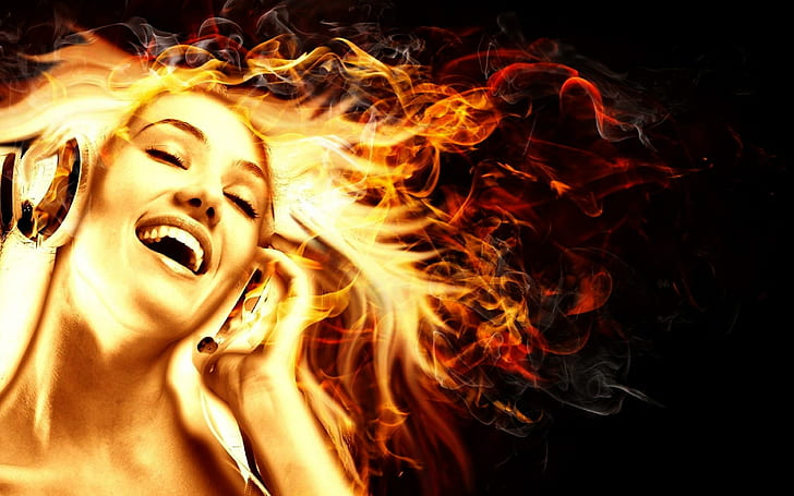 Fire Music, foto potret wanita, indah, kegembiraan, gadis, api, musik, 3d dan abstrak, Wallpaper HD
