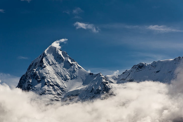 white mountain, nature, landscape, winter, clouds, Switzerland, snowy peak, HD wallpaper