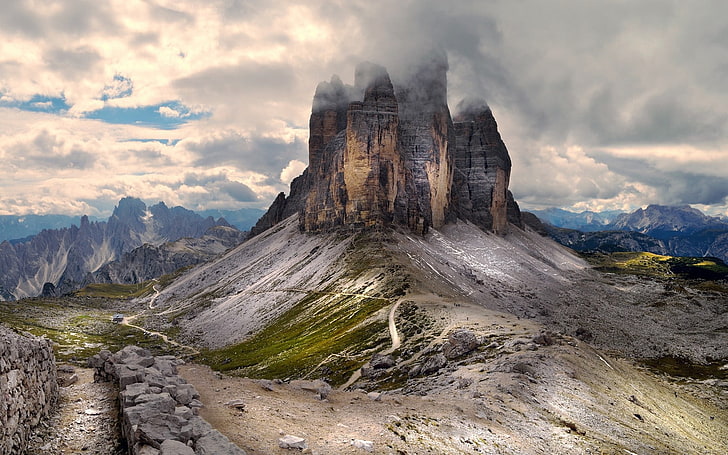 sommet de montagne, montagnes, été, nuages, nature, paysage, Alpes, Italie, chemin d'accès, chemin de terre, ciel, Fond d'écran HD