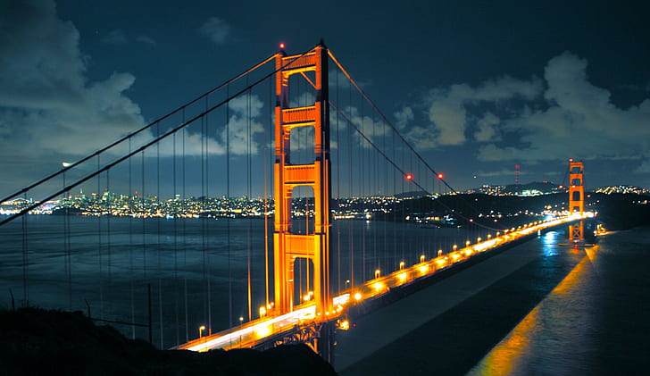 мост, ночь, огни, Сан-Франциско, мост Золотые Ворота, HD обои