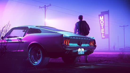 Retrowave, neon, Mustang (Carro), Motorista, HD papel de parede HD wallpaper