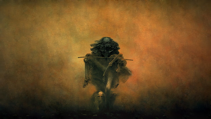 brun och svart målning, fantasikonst, Zdzisław Beksiński, konstverk, varelse, död, skalle, ben, HD tapet