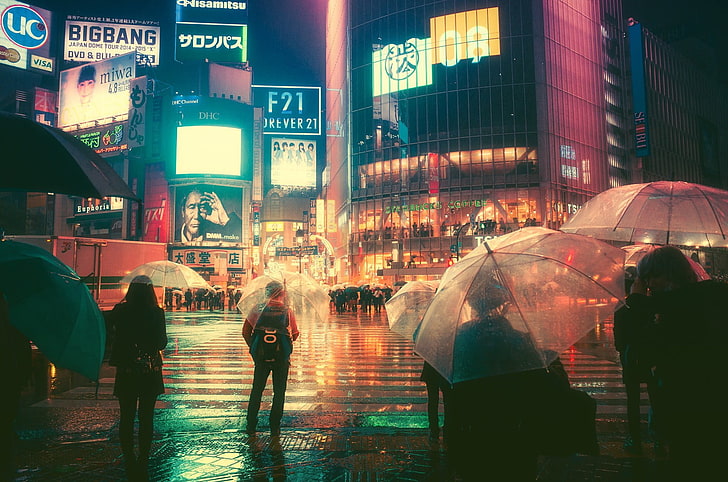 claro guarda-chuva, japão, paisagem urbana, predios, ásia, Tóquio, japoneses, Masashi Wakui, HD papel de parede