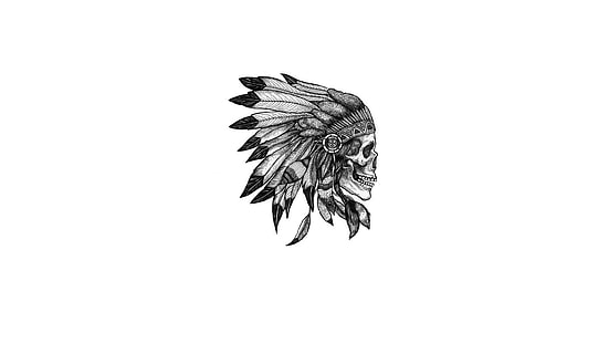 Native American clothing, digital art, simple background, white background, drawing, minimalism, Peter John de Villiers, headband, monochrome, feathers, skull, HD wallpaper HD wallpaper