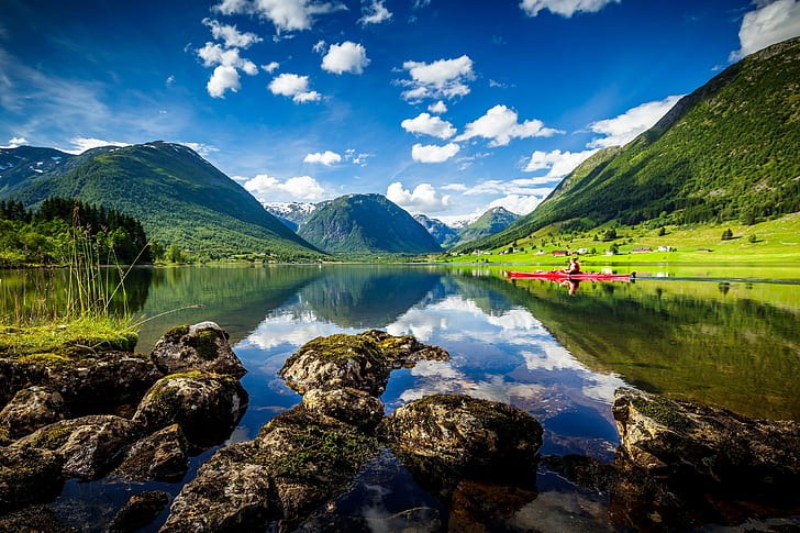 Norway, Sogn and Fjordane, mountains, kayak, lake, Heimdall, Sogn and Fjordane, HD wallpaper