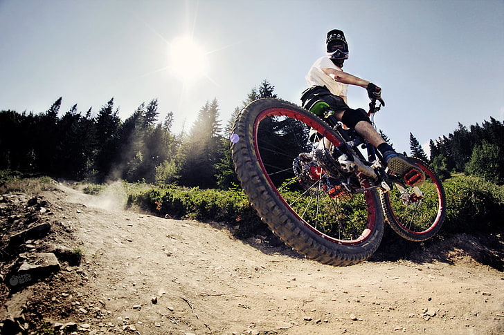 action, bicycle, bike, extreme, jump, mountain, race, racing, stop, sunlight, HD wallpaper