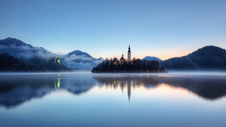 lake, reflection, island, water, trees, landscape, nature, mountains, church, Lake Bled, mist, calm, cyan, blue, clear sky, HD wallpaper