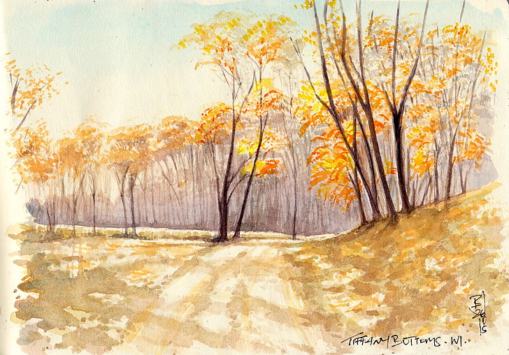 road surrounded by trees painting, artwork, watercolor, traditional art, trees, nature, landscape, fall, Tiffany Bottoms, HD wallpaper
