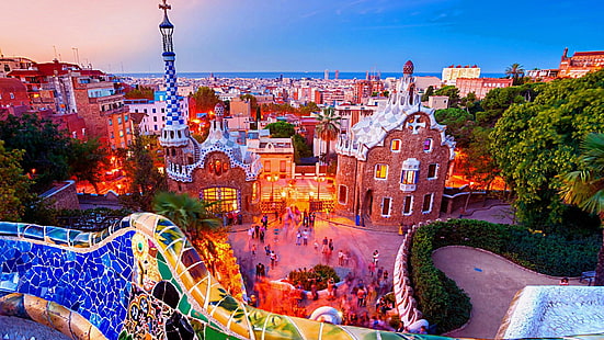 park guell, barcelona, europe, spain, architecture, scenery, cityscape, amazing, stunning, HD wallpaper HD wallpaper