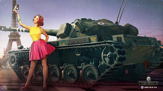 коричнево-зеленый боевой танк обои, девушка, поза, рисунок, легкий, площадь, арт, камера, танк, эйфелева башня, World of Tanks, француженка, никита боляков, AMX ELC to, HD обои HD wallpaper