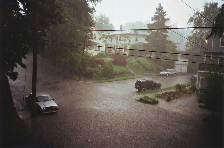 通り、町、車、雨、 HDデスクトップの壁紙