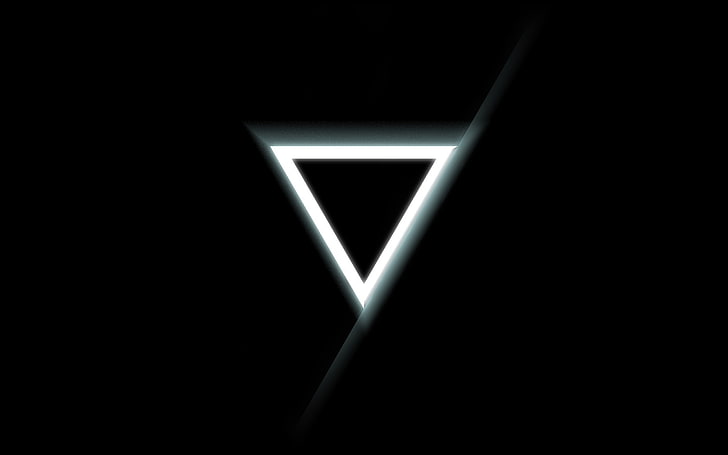 бяло обърнато надолу лого на триъгълник, минимализъм, триъгълник, светещ, черен фон, HD тапет
