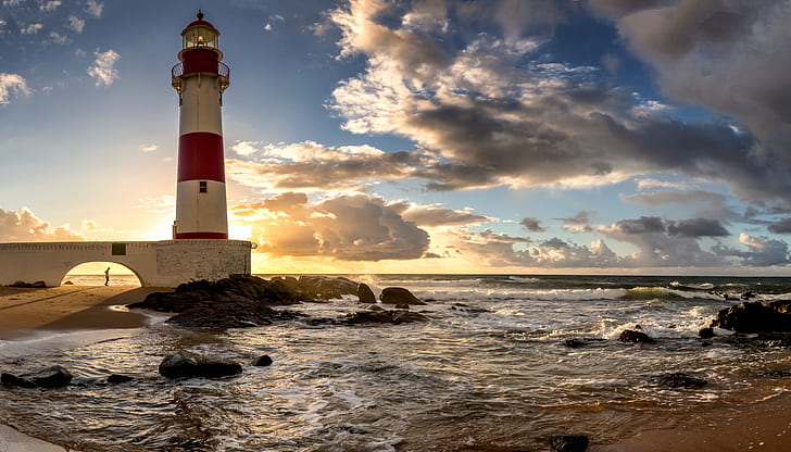 sea, the sky, the sun, clouds, stones, dawn, coast, lighthouse, horizon, surf, Brazil, Salvador, Bahia, HD wallpaper