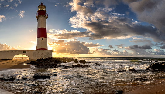 morze, niebo, słońce, chmury, kamienie, świt, wybrzeże, latarnia morska, horyzont, surfowanie, Brazylia, Salvador, Bahia, Tapety HD HD wallpaper