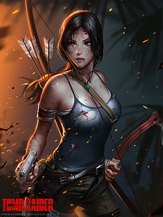 Tomb Raider тапет за приложения за игри, цифрово изкуство, произведения на изкуството, портретен дисплей, жени, видео игри, брюнетка, Лара Крофт, разкъсани дрехи, Tomb Raider, дълга коса, филми, Liang Xing, HD тапет HD wallpaper