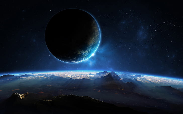 Planet, Raum, Science-Fiction, Licht, Berge, Planet, Raum, Licht, Berge, HD-Hintergrundbild