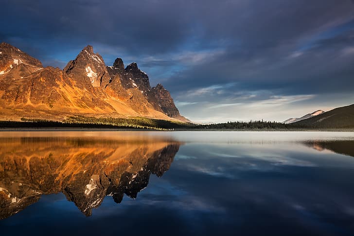 mountains, lake, Jasper National Park, Canada, Alberta, sunset, peacefull, HD wallpaper