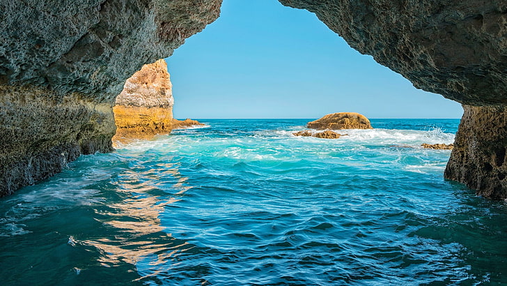sea, portugal, algarve, azure, coast, rock, sea cave, cliff, blue sea, aech, formation, sky, natural arch, rock formation, water, HD wallpaper