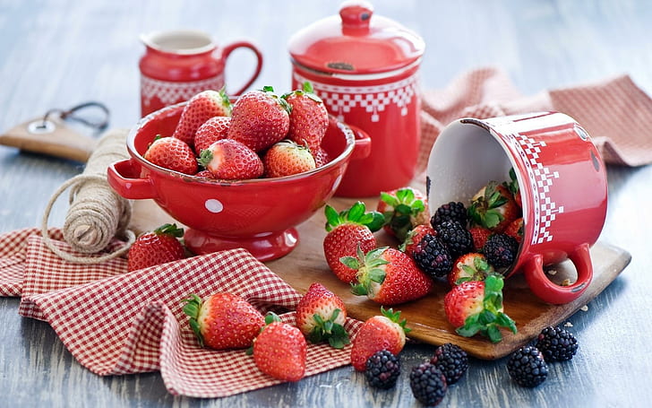 strawberry, blackberry, berry, set, tableware, strawberry, blackberry, berry, tableware, HD wallpaper