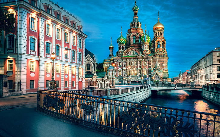 градски пейзаж, сграда, мост, река, църква на Спасителя на кръв, Санкт Петербург, Русия, HD тапет