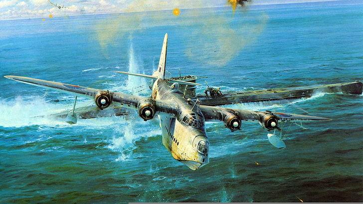 avion de chasse gris, guerre, attaque, figure, sous-marin, Robert Taylor, pris sur la surface, sous-marin, U-461, Sunderland, Fond d'écran HD