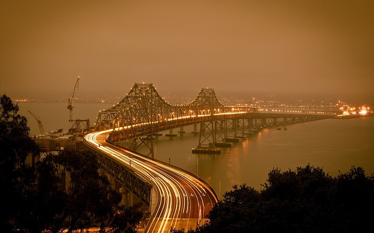 черен окачен мост, мост, дълга експозиция, мост Оукланд Бей, Сан Франциско, HD тапет