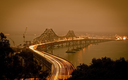 siyah asma köprü, köprü, uzun pozlama, Oakland Körfezi Köprüsü, San Francisco, HD masaüstü duvar kağıdı HD wallpaper