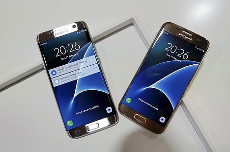 два сребърни Samsung Galaxy S7, лого, Galaxy, облак, Samsung, смартфон, технология, мобилен телефон, kumo, високи технологии, S7, Samsung Galaxy S7, Samsung Galaxy S7 Edge, HD тапет HD wallpaper