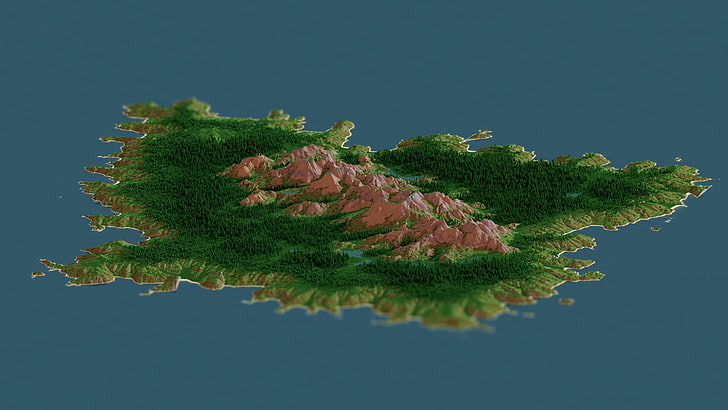 grüne und braune Insel, Minecraft, rendern, klobig, Insel, Berge, Wald, Meer, See, Videospiele, HD-Hintergrundbild