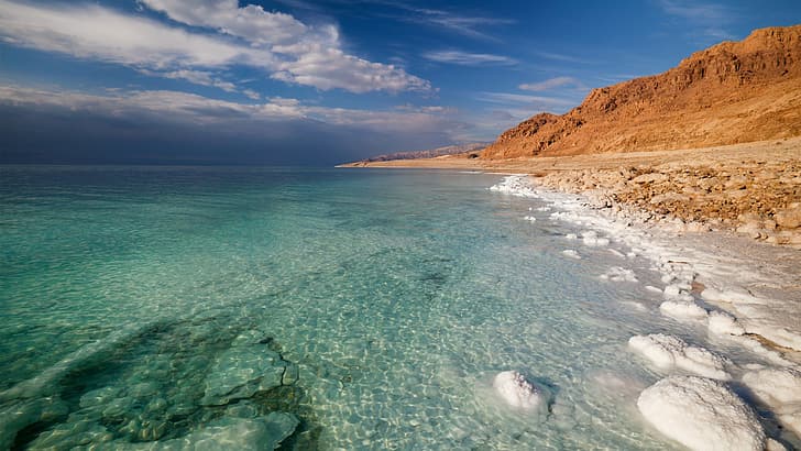 sand, sea, the sky, clouds, nature, beauty, salt, clean water, the dead sea, HD wallpaper