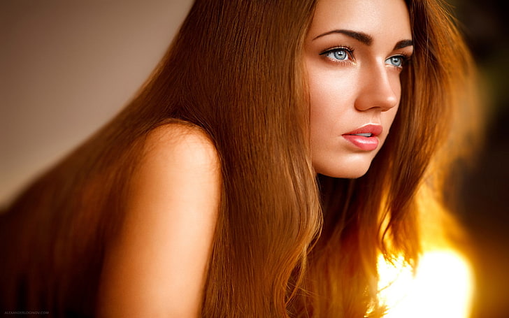 Frauen, Modell, Rotschopf, lange Haar, Gesicht, blaue Augen, roter Lippenstift, Mund öffnet, Marina Frank, Wegschauen, Portrait, HD-Hintergrundbild