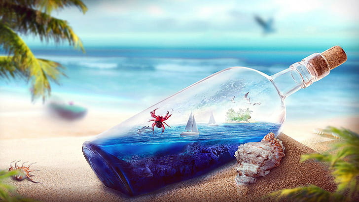 شاطئ ، زجاجة ، محيط ، زجاجة زجاجية شفافة مملوءة بالمياه الزرقاء ، سلطعون ، قارب ، جزيرة ، زجاجة ، محيط ، شاطئ، خلفية HD